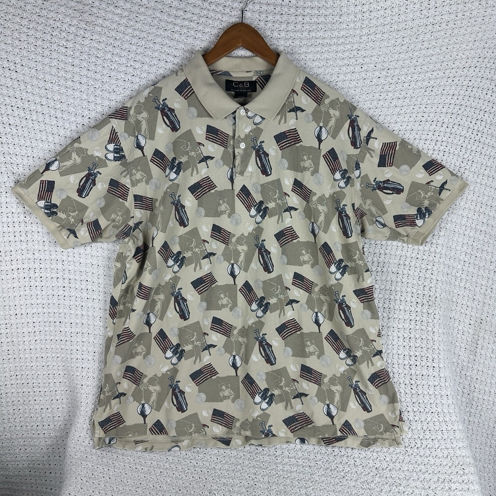 C&B Sport Golf Polo Shirt XL USA Flag Print Cotton Vintage Style Mens 90s - Picture 2 of 5